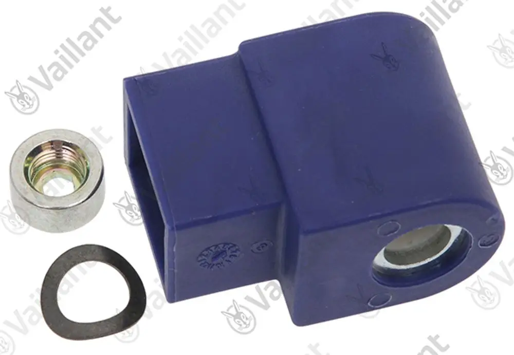 Vaillant-Spule in blauer Farbe mit einem Metallteil und einer Dichtung. Die Spule ist für spezifische Modelle konzipiert und hat eine verschlossene Öffnung.